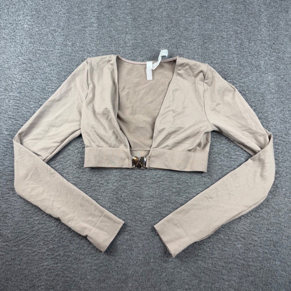 ANWND Crop Top Women's M/L Tan Long Sleeve Heart Clasp V-Neck 54918
